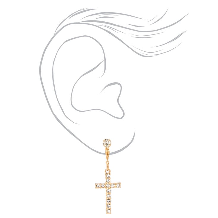 Gold Embellished Cross Clip On 1.5&quot; Drop Earrings,