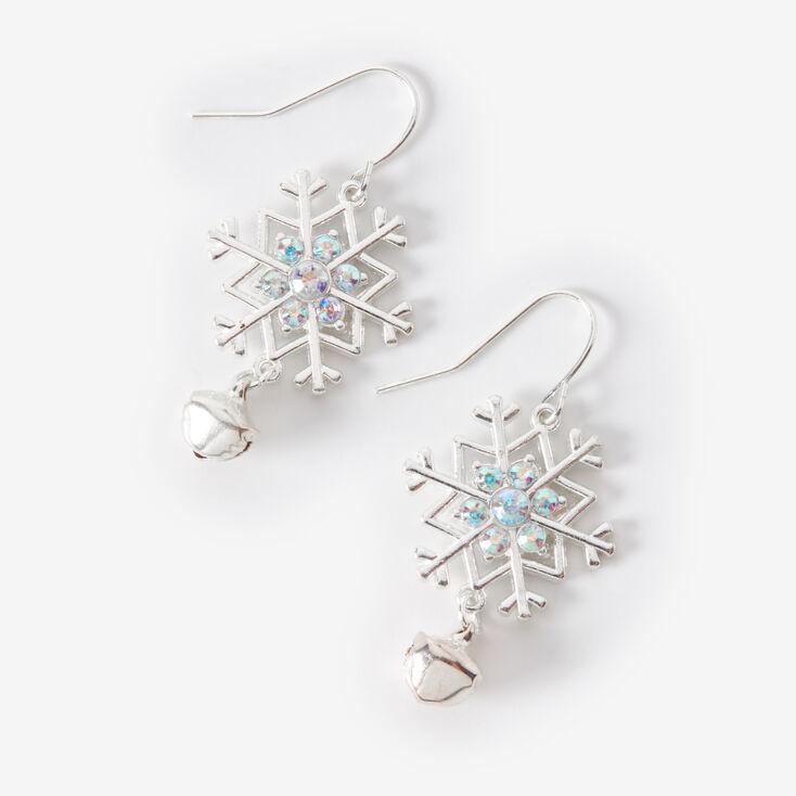 Christmas Silver 1&quot; Bell Snowflake Drop Earrings,