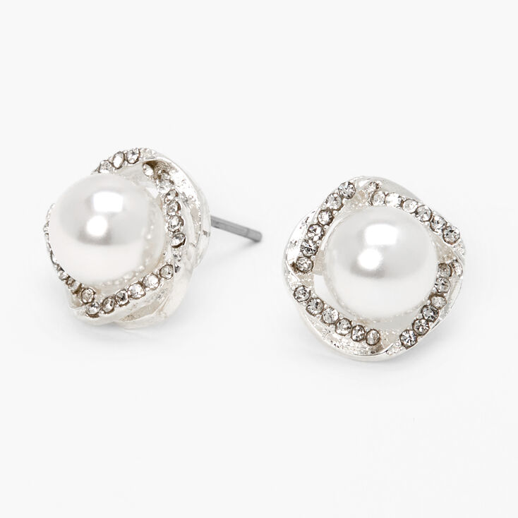 Silver Embellished Halo Pearl Stud Earrings,