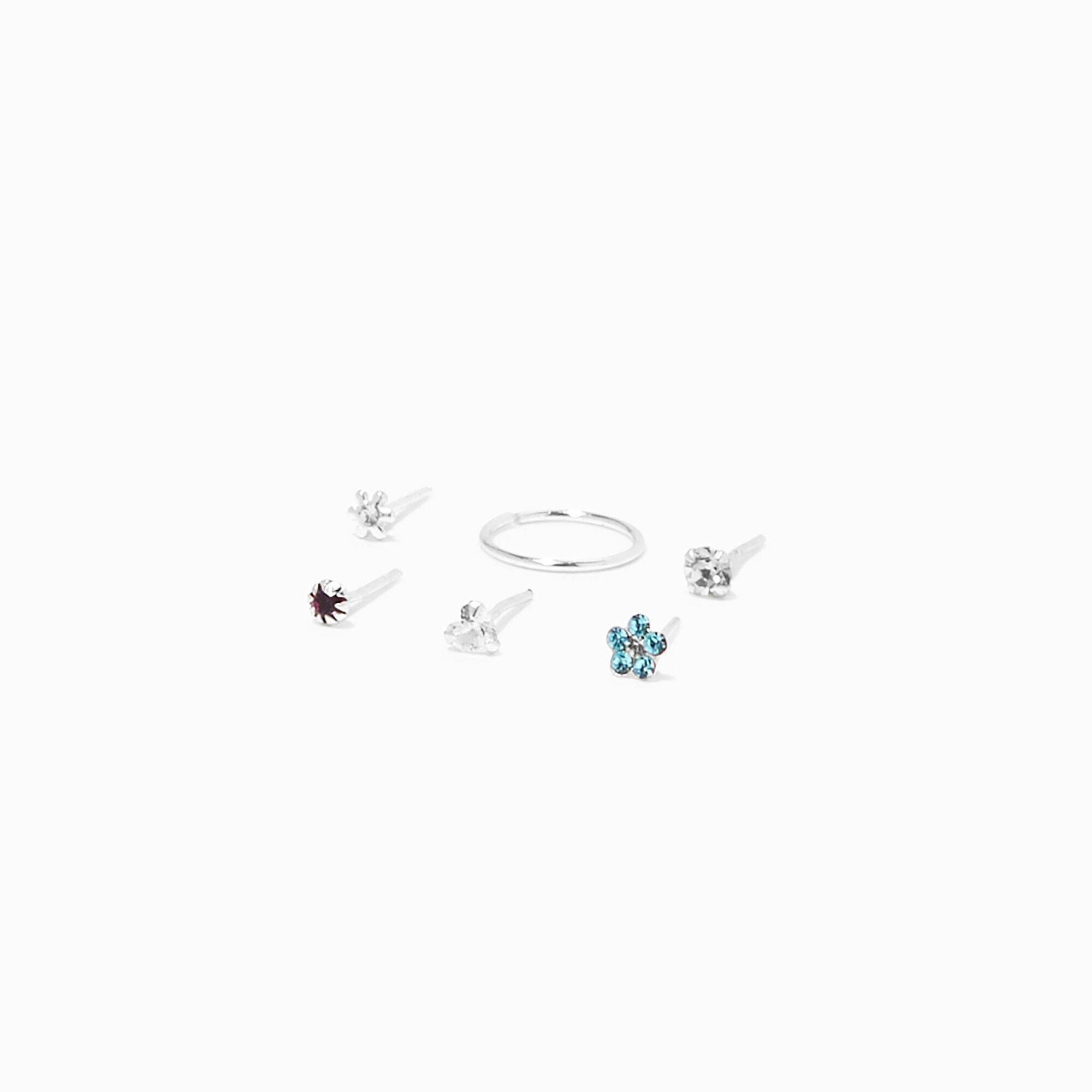 View Claires 22G Daisy Heart Mixed Nose Studs 6 Pack Silver information