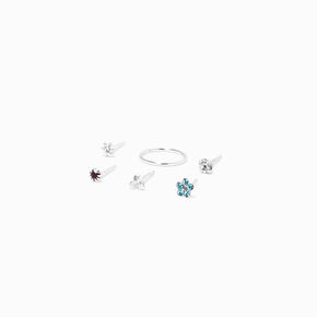 Clous de nez aux designs vari&eacute;s c&oelig;ur marguerite 0,6&nbsp;mm couleur argent&eacute;e - Lot de 6,