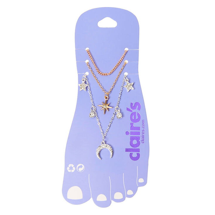 Mixed Metal Star Horn Chain Anklets - 3 Pack,