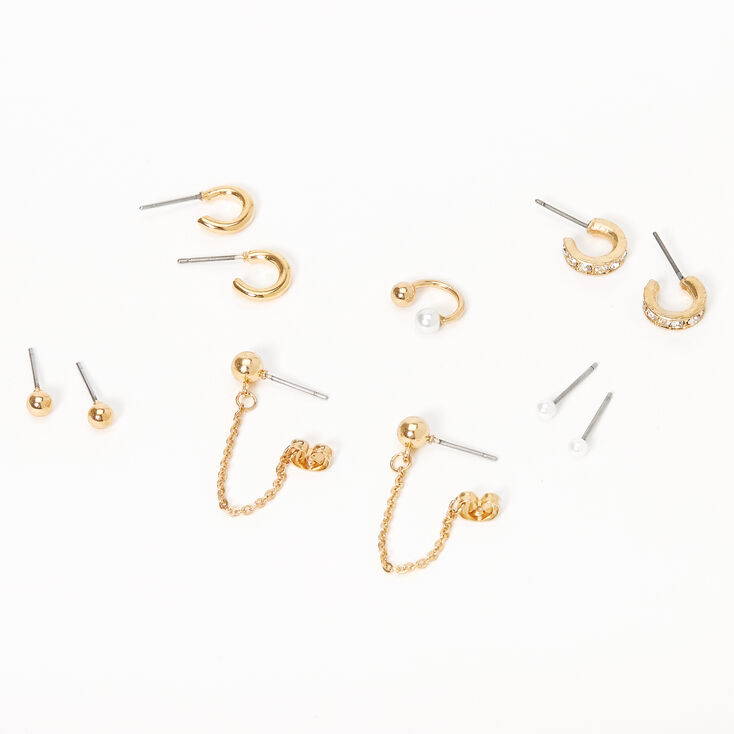 Claire's Boucles d’oreilles aux designs variés et manchette d’oreille perle d'imitation boule couleur dorée - Lot de 6