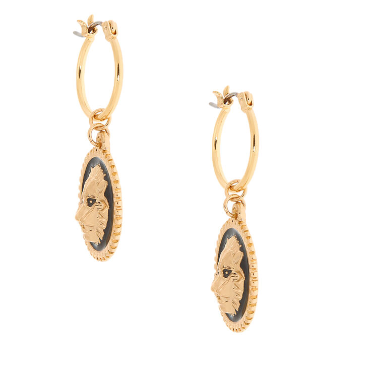 Gold 10MM Lion Charm Hoop Earrings,