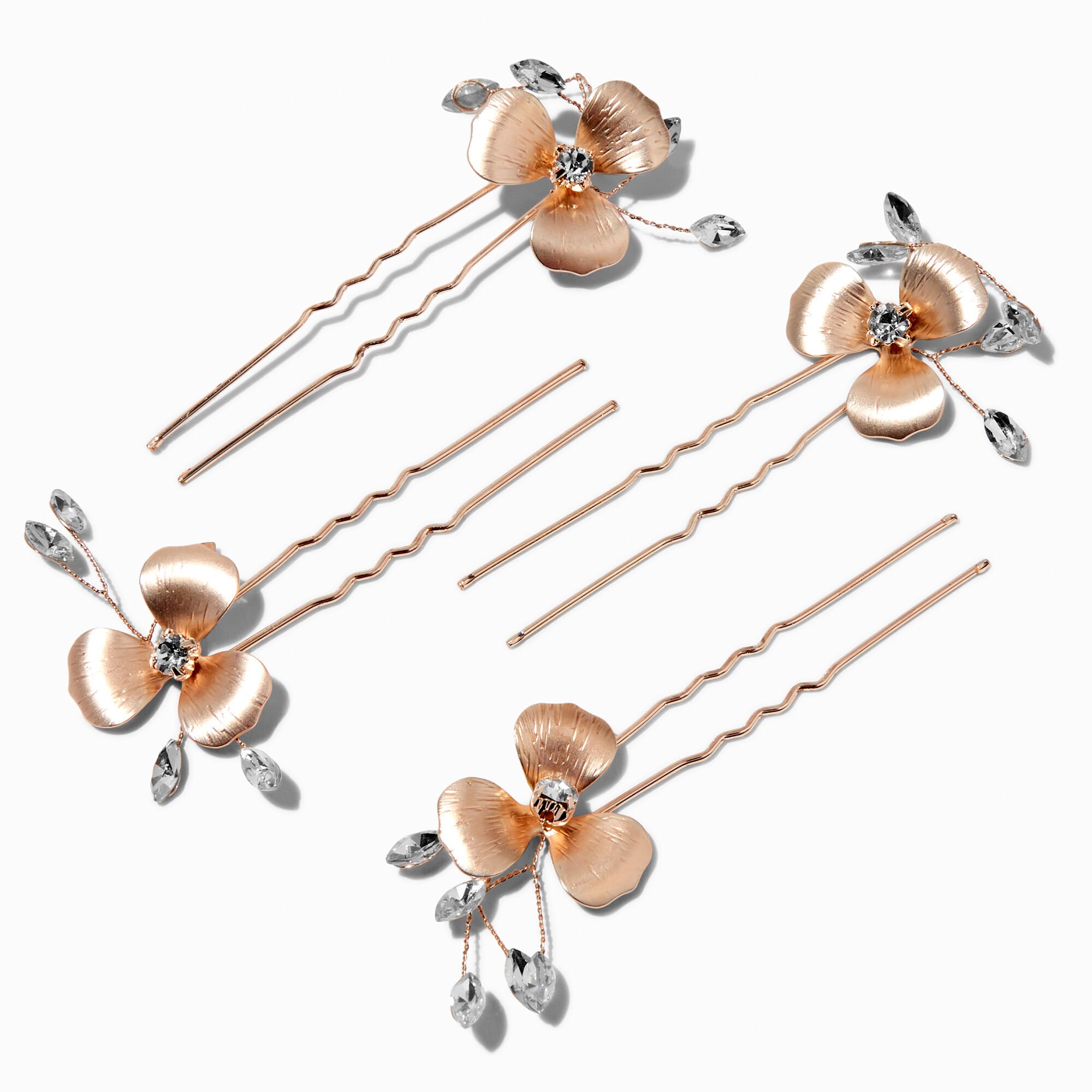 View Claires Tone Matte Flower Rhinestone Hair Pins 4 Pack Rose Gold information