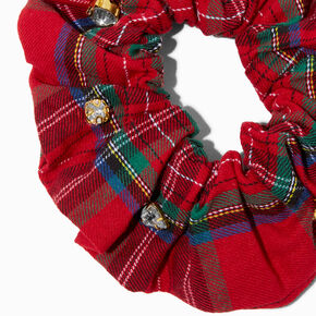 Red Plaid Crystal Embellished Hair Scrunchie,