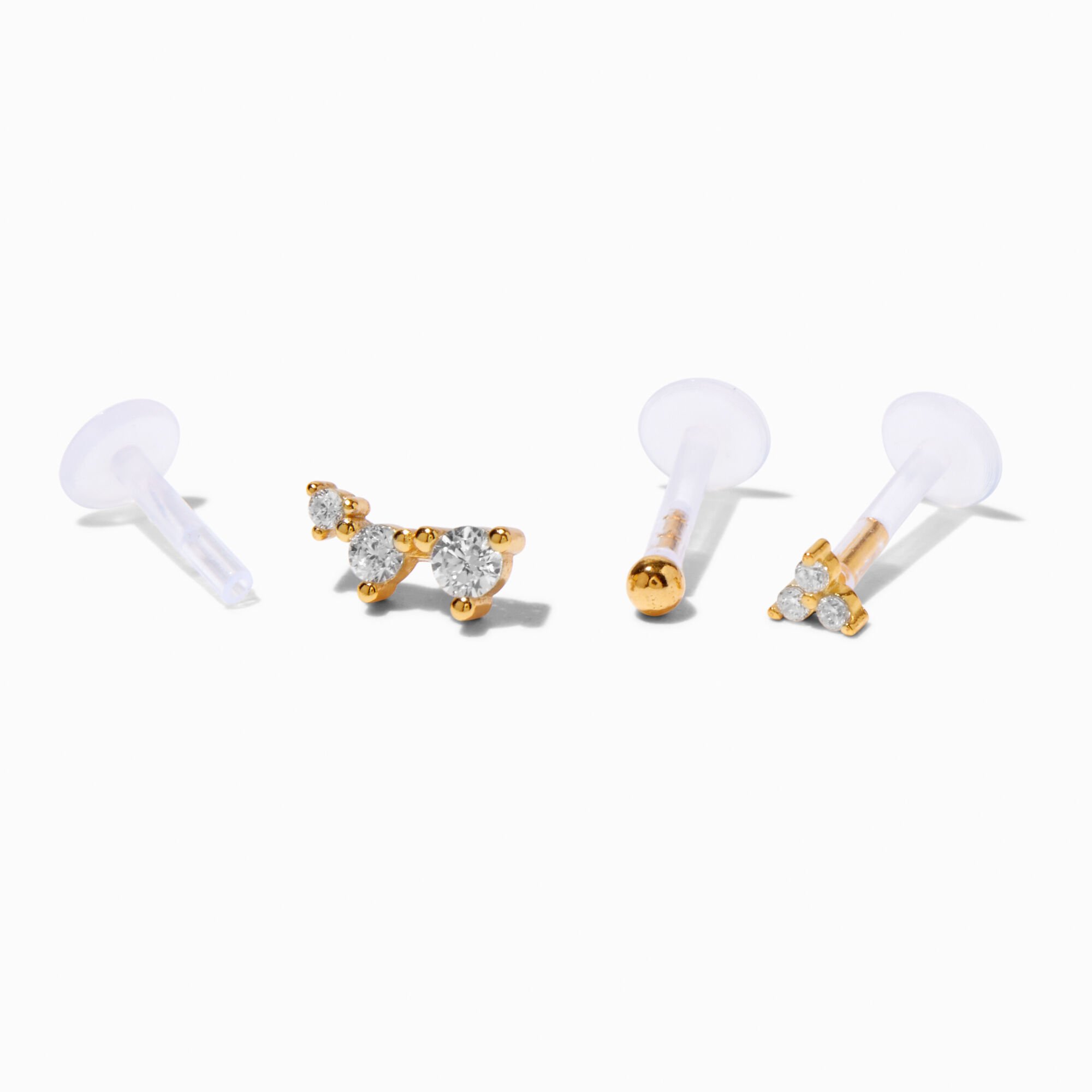 Gold-tone Sterling Silver Cubic Zirconia 16G Threadless Flat Back Marquise Cartilage Earrings - 3 Pack,