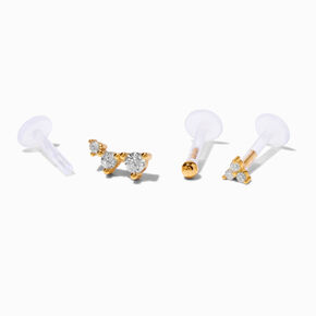 Gold-tone Sterling Silver Cubic Zirconia 16G Threadless Flat Back Marquise Cartilage Earrings - 3 Pack,