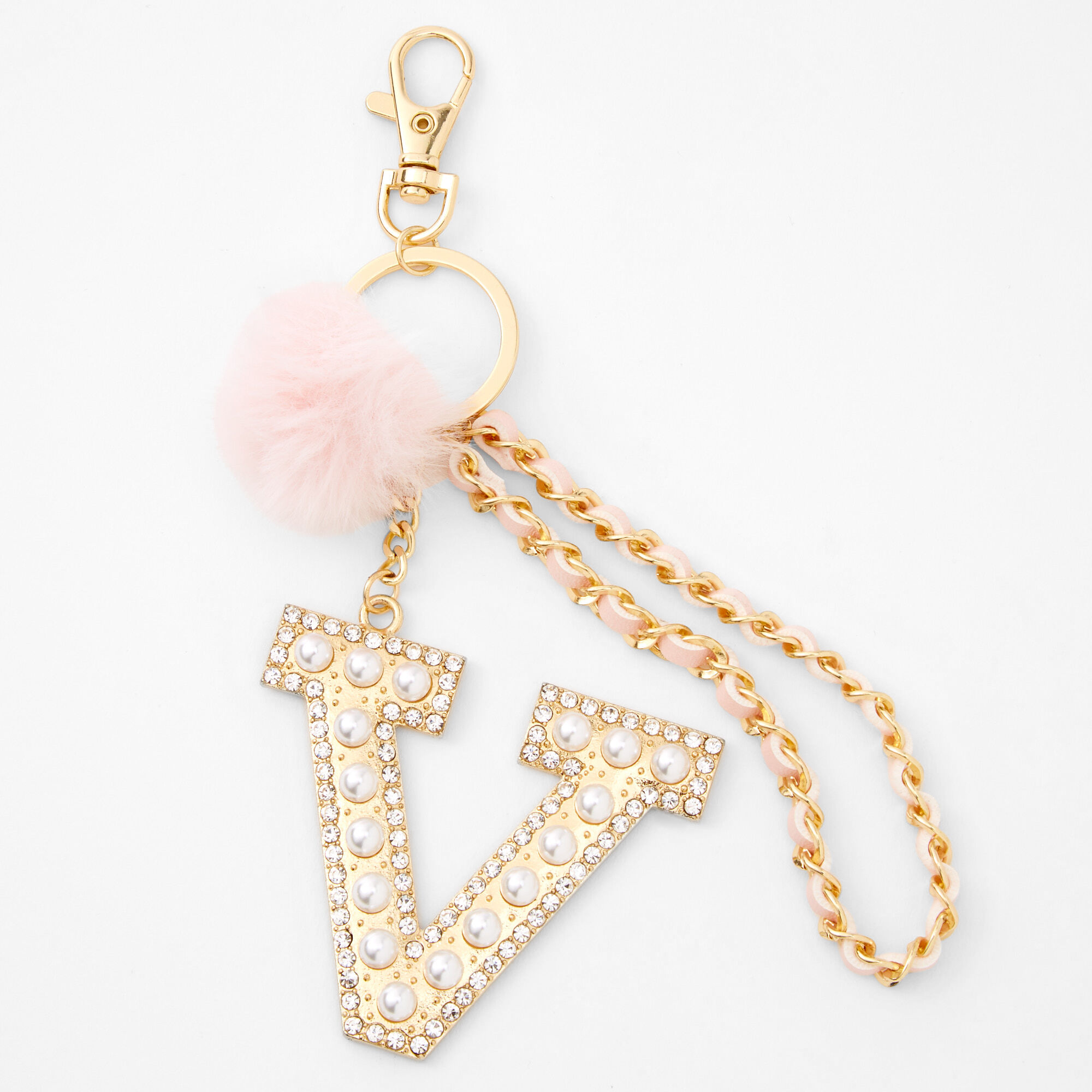 Claire's Porte-clés pompon à initiale bling-bling couleur dorée - Rose, V