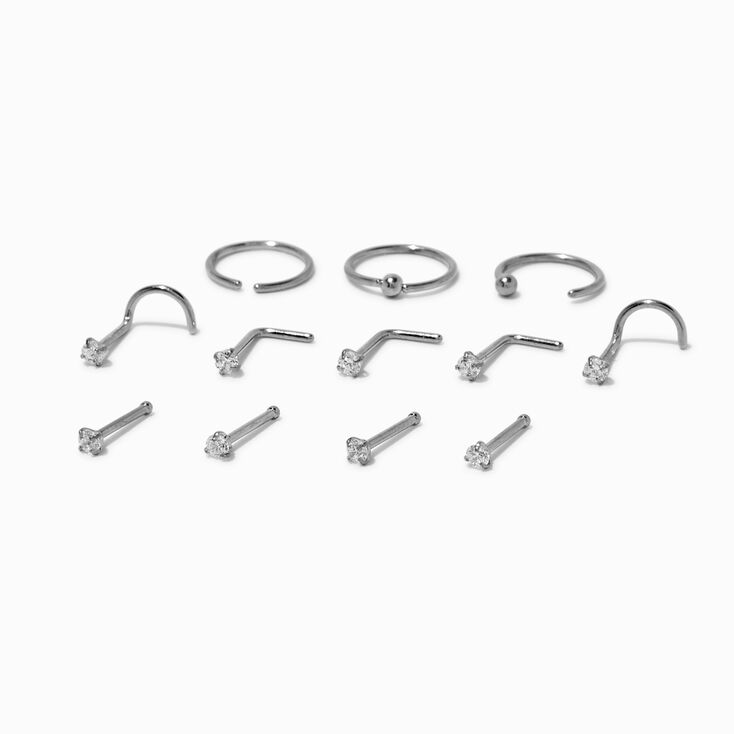 20G Silver-tone Stainless Steel Cubic Zirconia Nose Studs &amp; Hoop - 12 Pack,