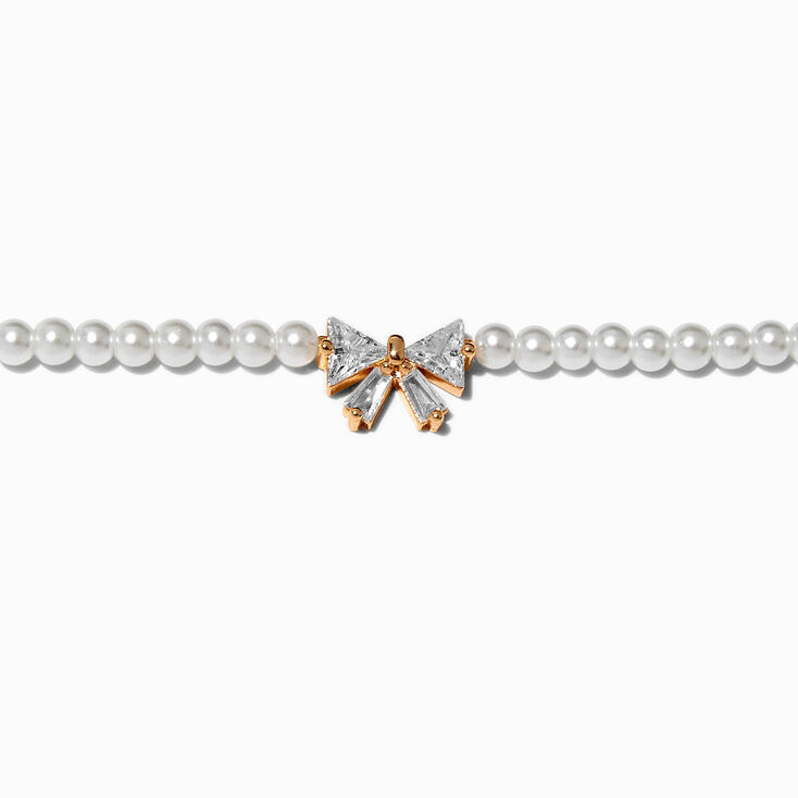 Cubic Zirconia Bow &amp; Pearl Gold-tone Chain Bracelet,