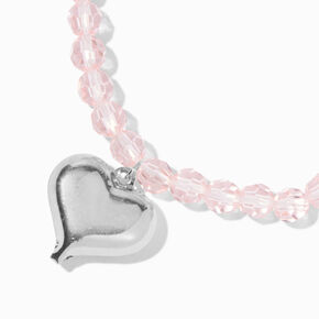 Puffy Heart Charm Pink Beaded Stretch Bracelet,