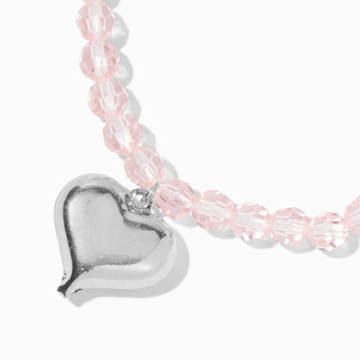 Puffy Heart Charm Pink Beaded Stretch Bracelet,