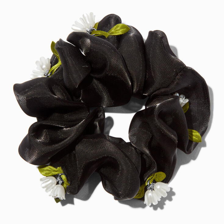 Gros chouchou noir &agrave; pendentifs grosse fleur,