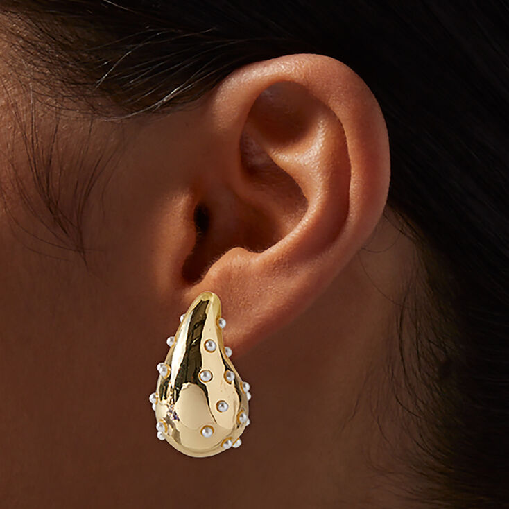 Gold-tone Pearl Dotted Long Bean 1&quot; Drop Earrings,