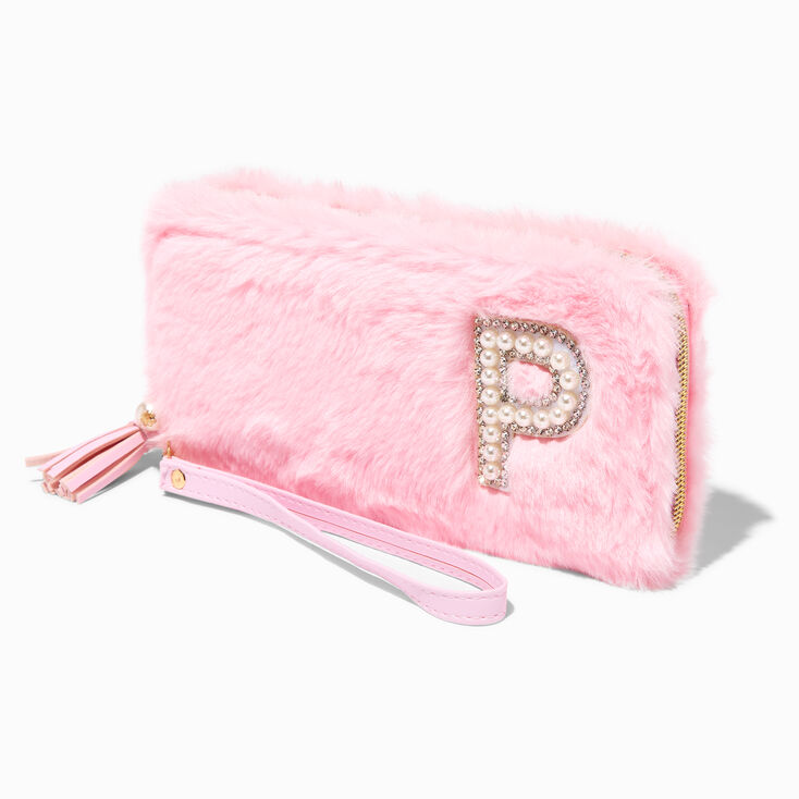 Pink Furry Pearl Initial Wristlet Wallet - P,