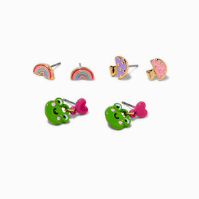 Frog, Mushroom, &amp; Rainbow Stud Earrings - 3 Pack,