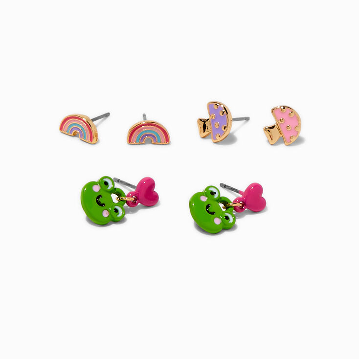 Clous d&#39;oreilles grenouille, champignon et arc-en-ciel - Lot de 3,