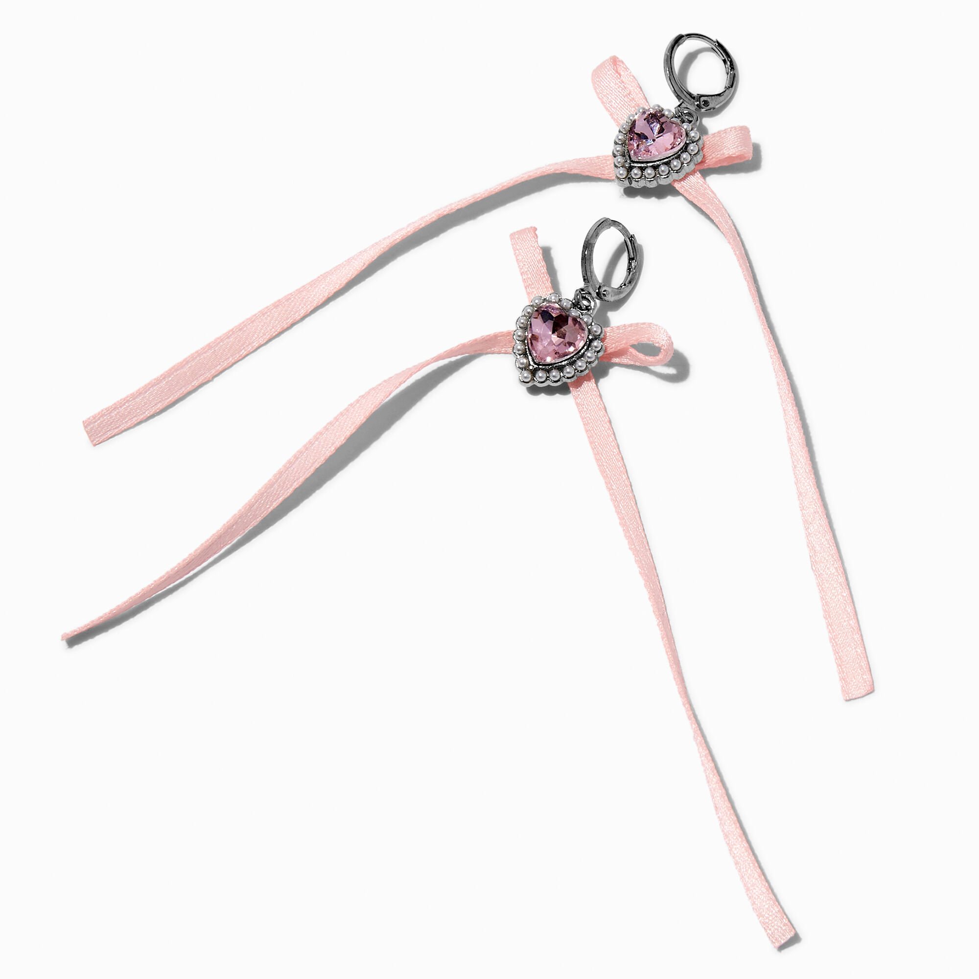 Silver-tone Pink Heart with Fabric Bow Hoop Earrings ,