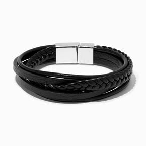 Black Leather Look Braided Wrap Bracelet,