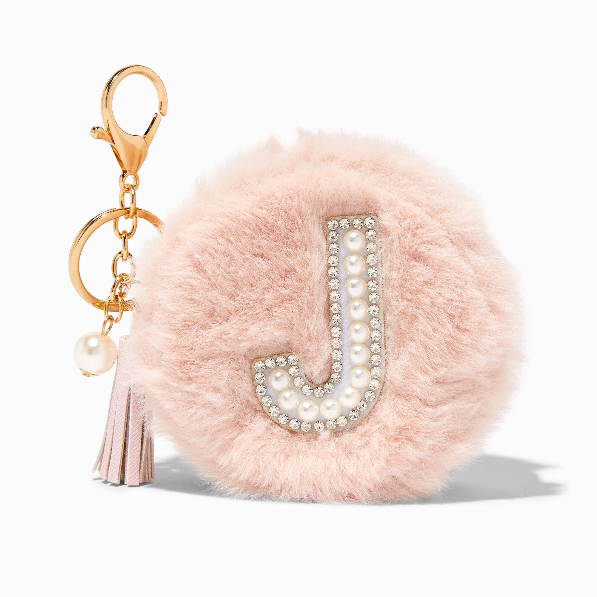 View Claires Blush Furry Pearl Initial Coin Purse Keyring J Pink information