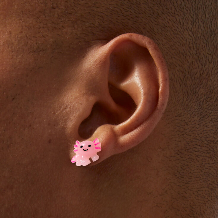 Clous d&#39;oreilles tige couleur argent&eacute;e axolotl roses,