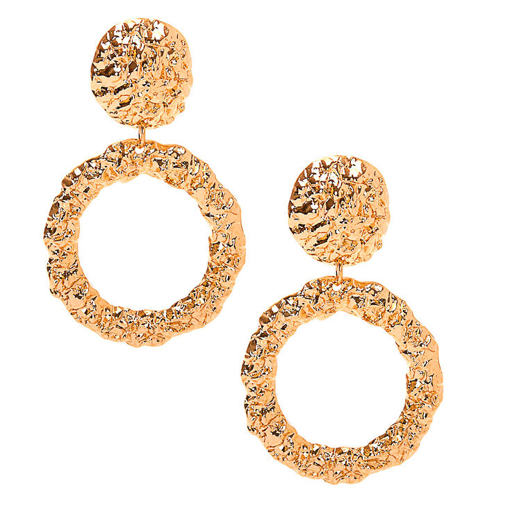 Gold 2&quot; Textured Circle Drop Earrings,