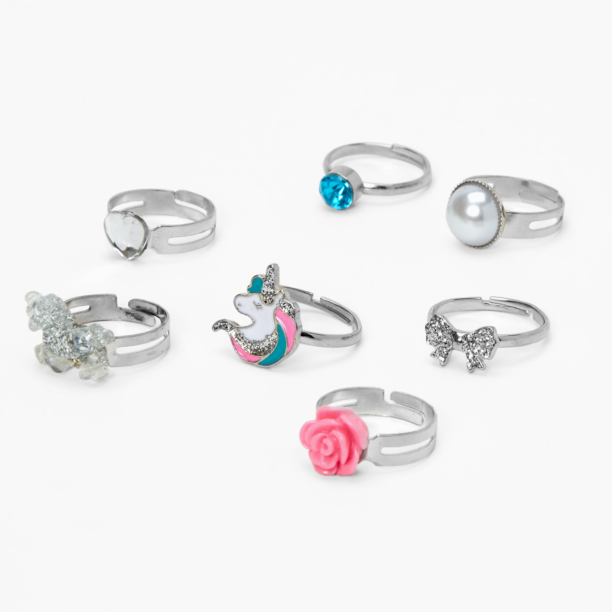Claire s Club Blue Unicorn Box Rings 7 Pack