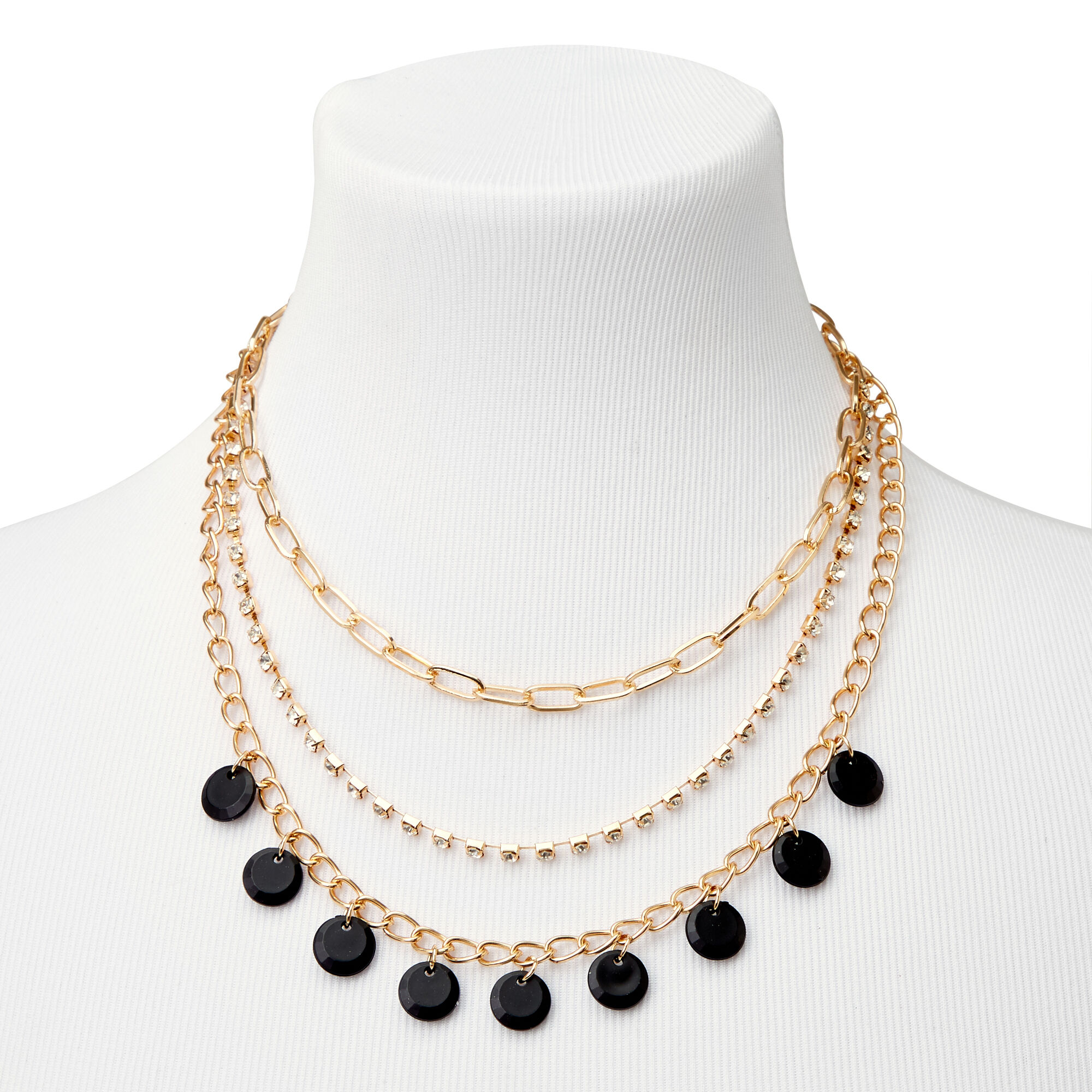 Gold Disc Rhinestone Chain Multi Strand Necklace - Black,