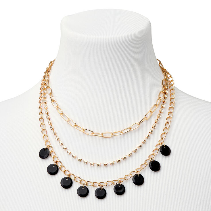 Gold Disc Rhinestone Chain Multi Strand Necklace - Black,