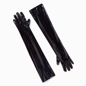 Longs gants en similicuir verni noir,