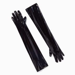 Black Patent Faux Leather Long Gloves,