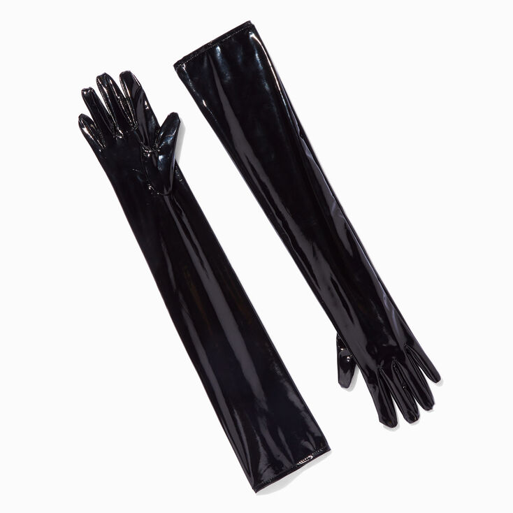 Black Patent Faux Leather Long Gloves,