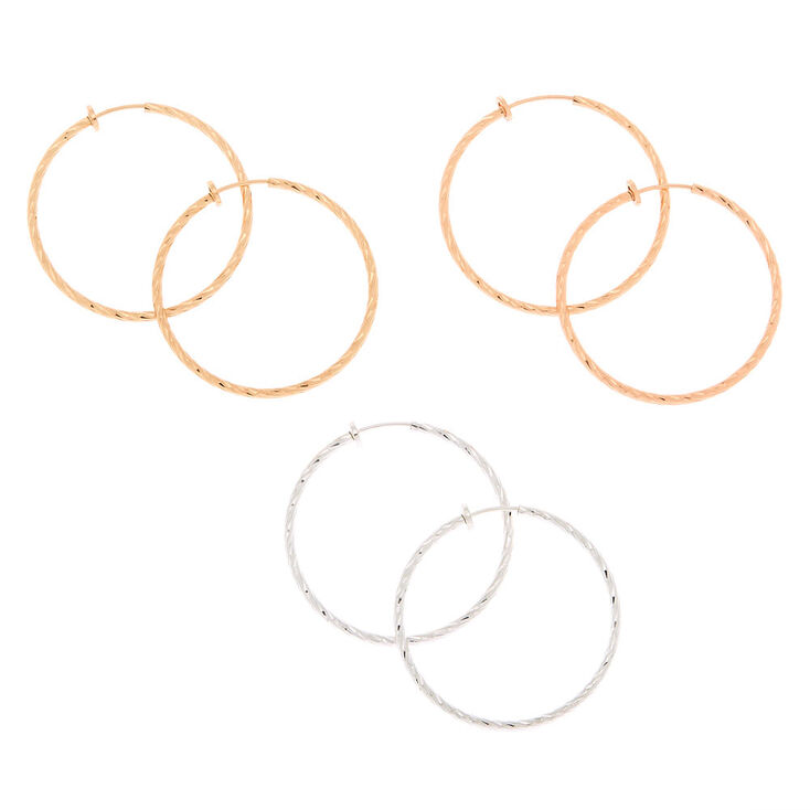 Mixed Metal 10MM Textured Clip On Hoop Earrings - 3 Pack,