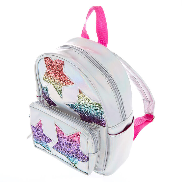 Mini sac &agrave; dos argent&eacute; avec &eacute;toiles arc-en-ciel paillet&eacute;es,