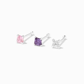 Sterling Silver 22G Pink &amp; Purple Crystal Nose Studs - 3 Pack,