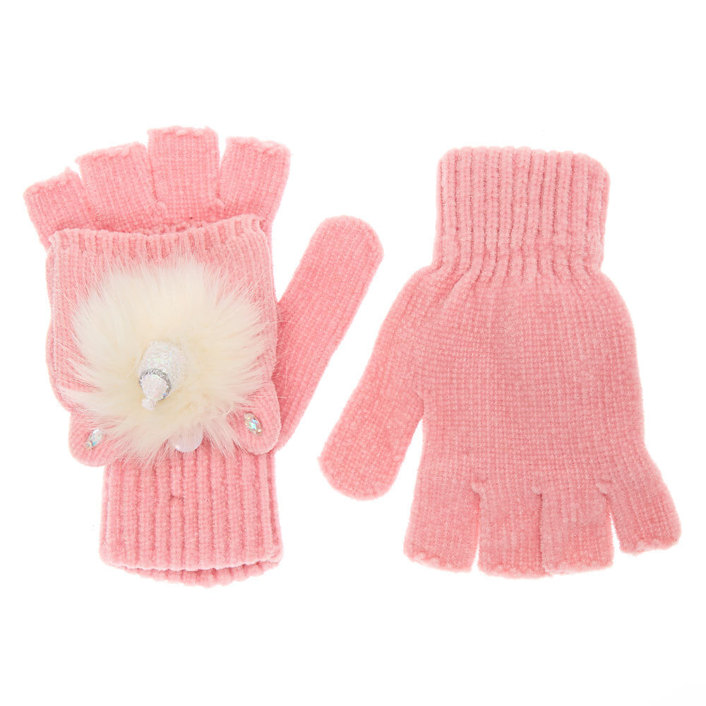 Glitter Unicorn Fingerless Gloves With Mitten Flap - Pink,
