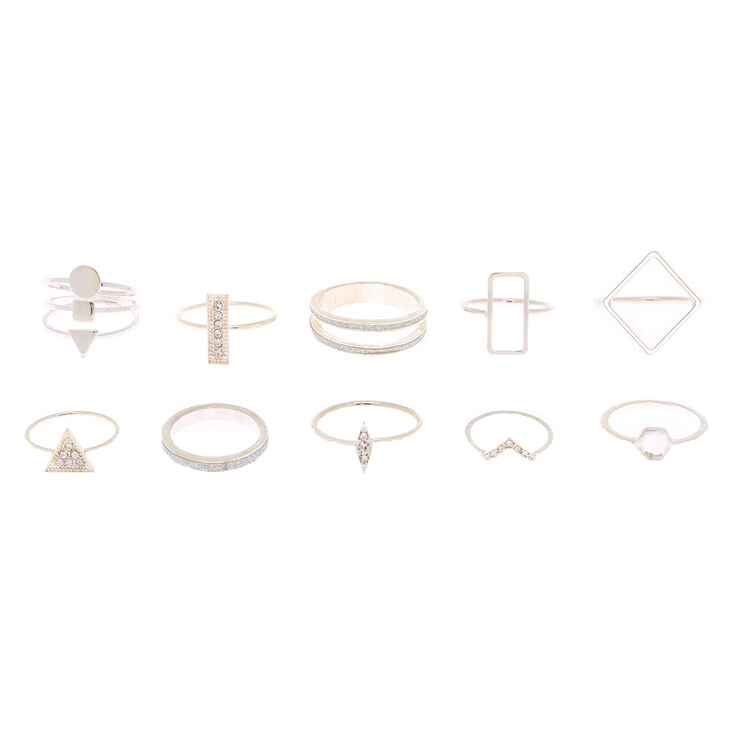 Silver Glitter Geometric Rings - 10 Pack,