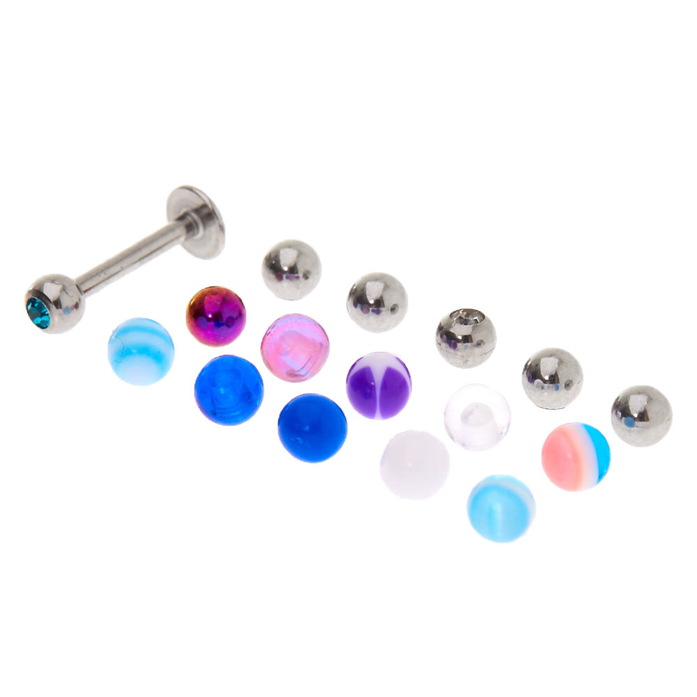Silver 16G Labret Stud Interchangeable Balls 16 Pack