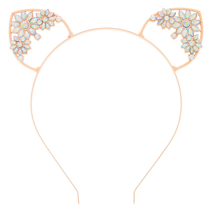 Rose Gold Floral Gem Cat Ears Headband,