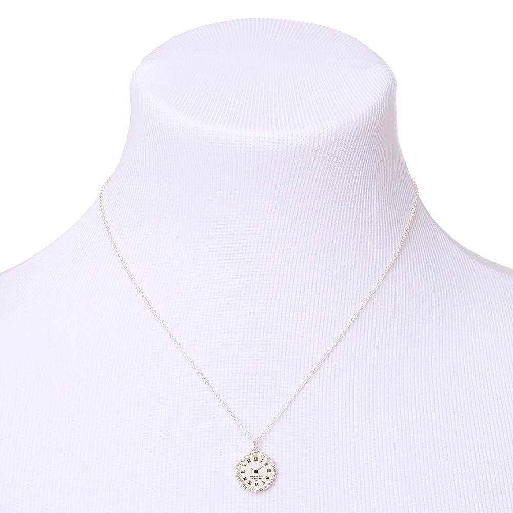 Silver Clock Pendant Necklace - White,