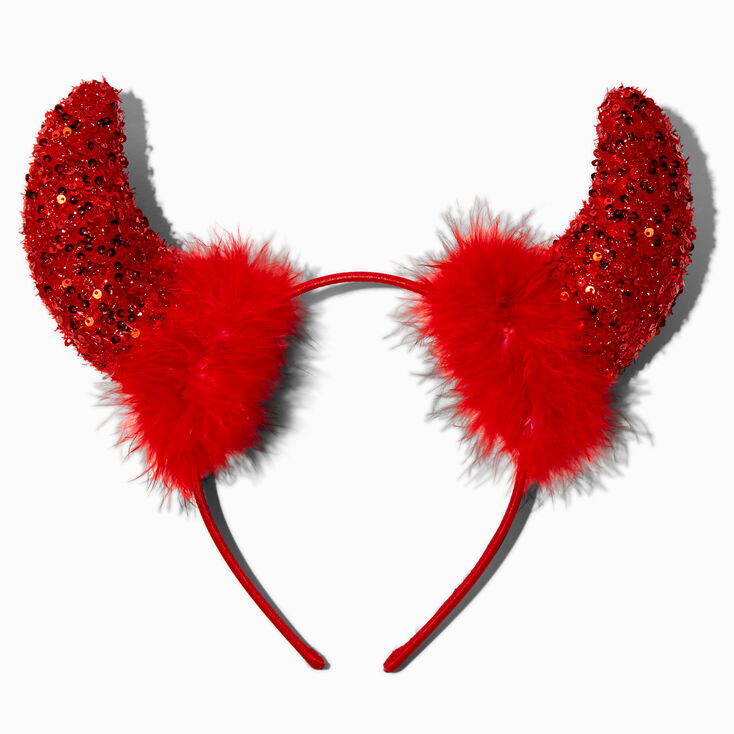 Serre-t&ecirc;te &agrave; sequins et plumes cornes de diable rouge,