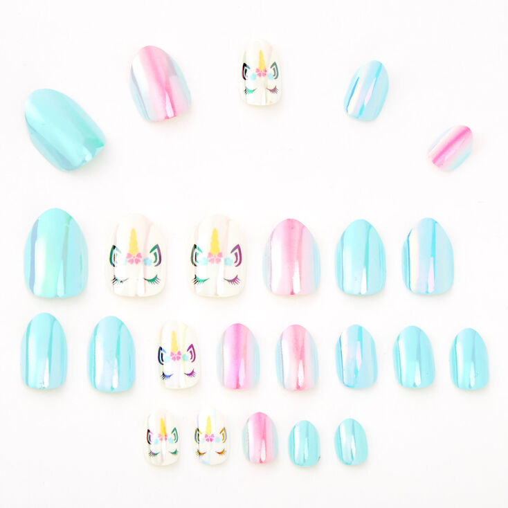 Iridescent Unicorn Stiletto Press On Faux Nail Set - Blue, 24 Pack,