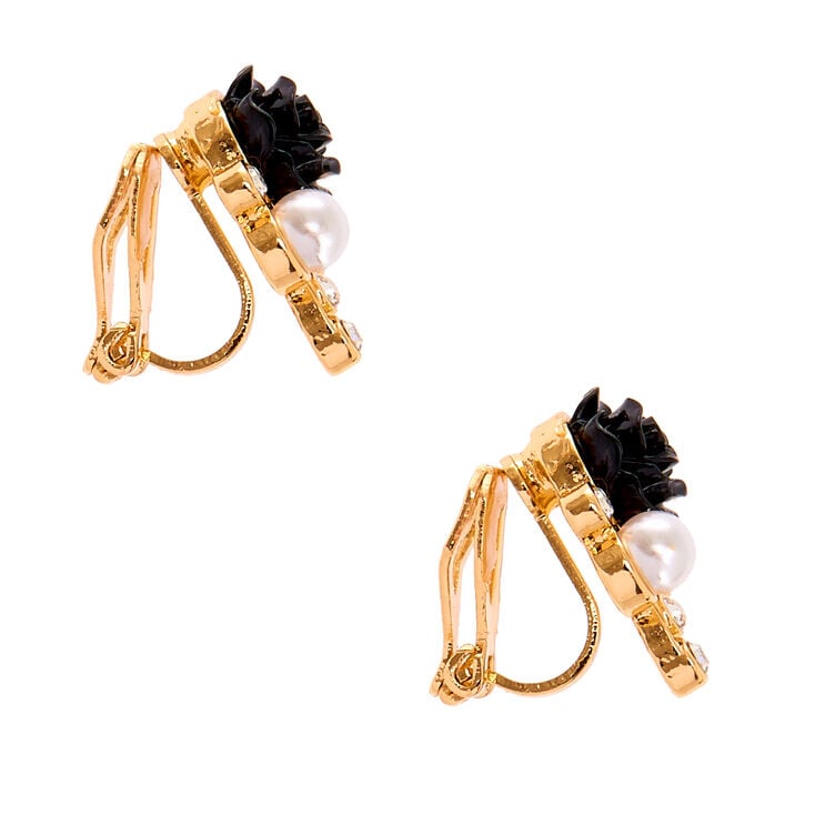 Gold Clip On Floral Stud Earrings - Black,