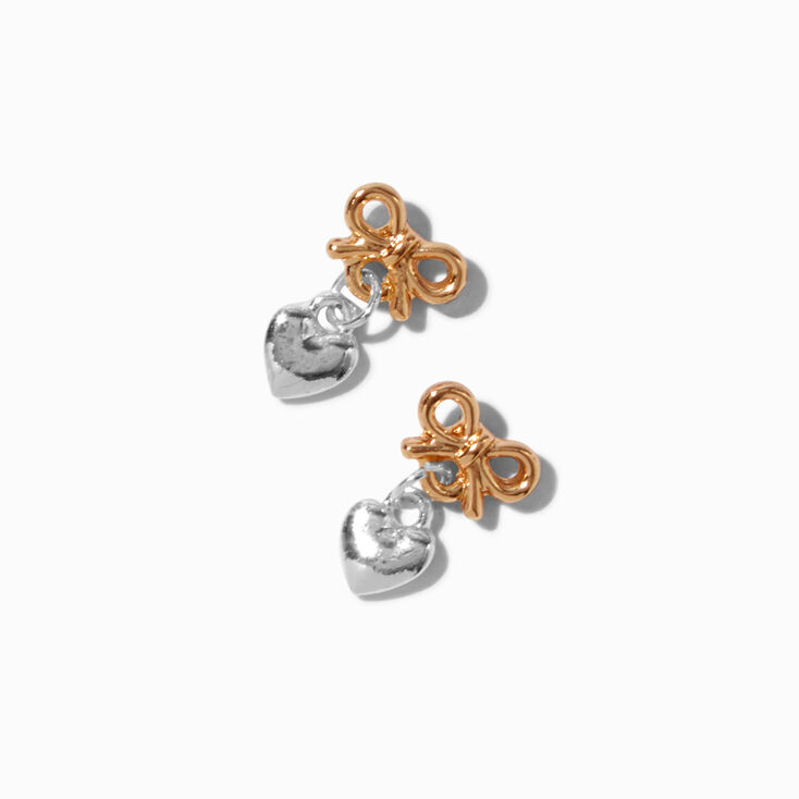Mixed Metal Bow &amp; Heart Drop Earrings,