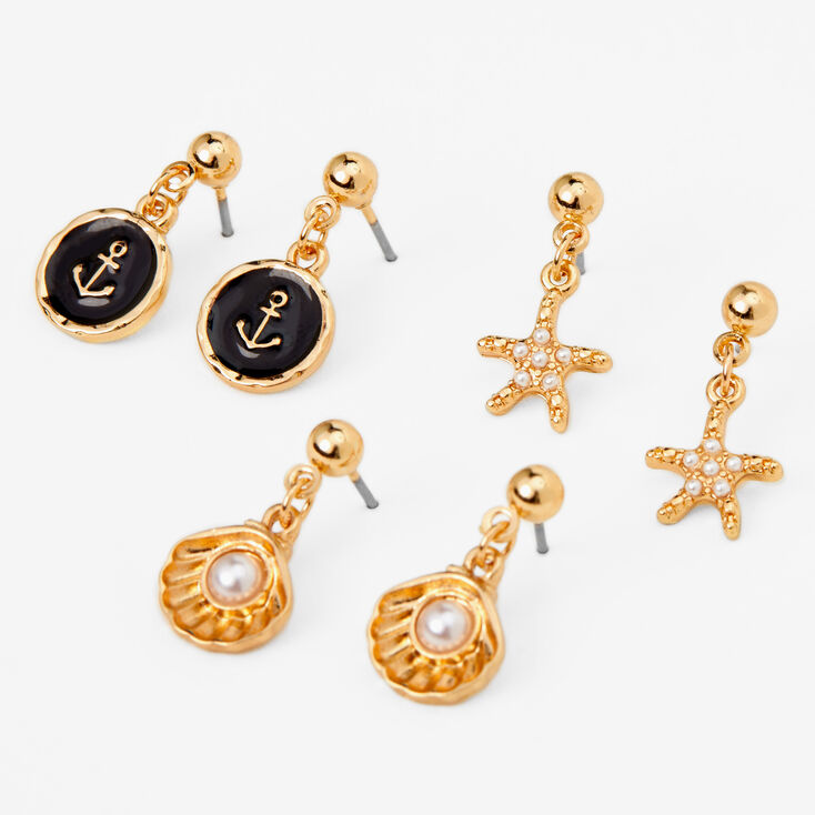 Gold Nautical 1&quot; Drop Earrings - 3 Pack,