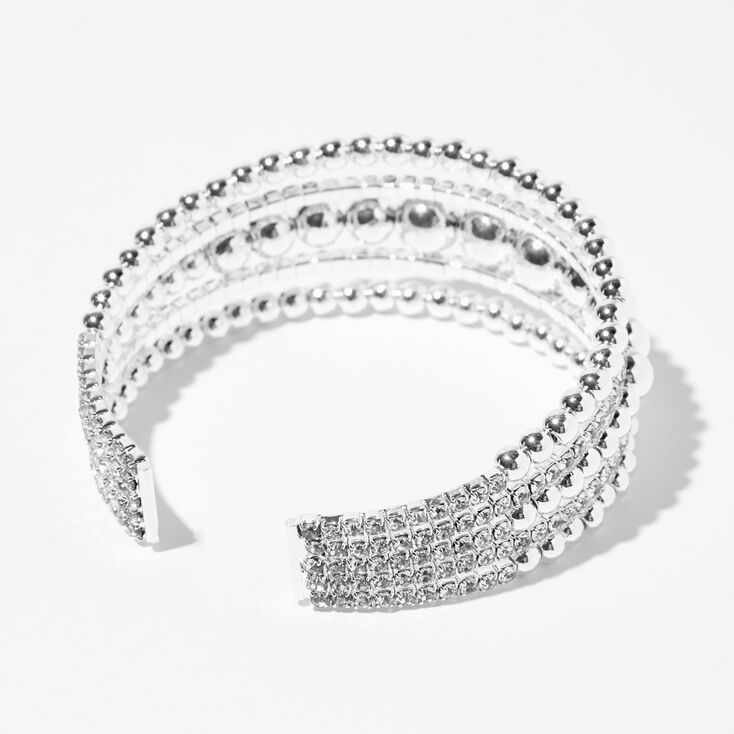 Silver Bead &amp; Rhinestone Five Row Cuff Bracelet,