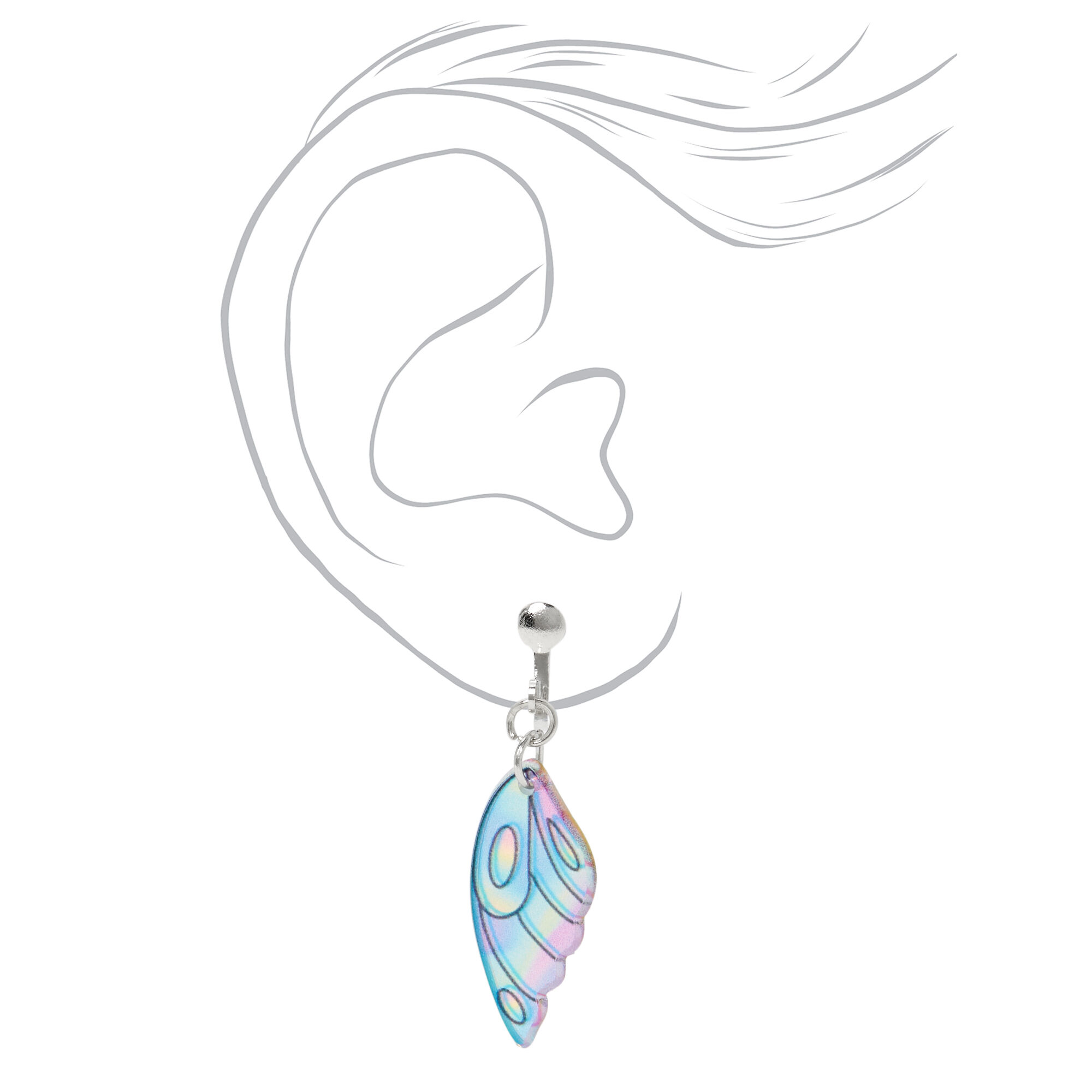 Silver 1" Pastel Holographic Butterfly Wing Clip On Drop Earrings,