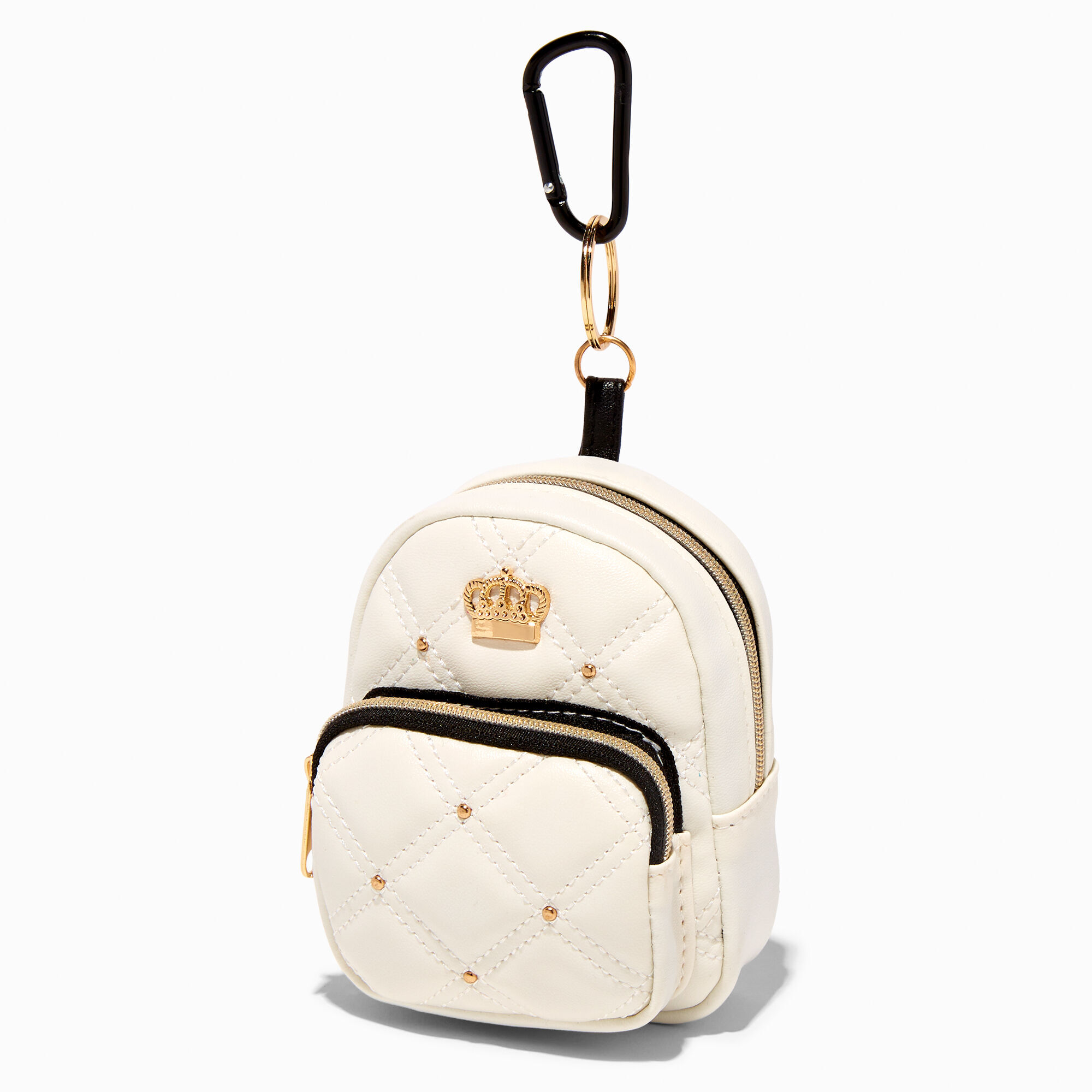 View Claires Gold Crown Quilted Mini Backpack Keyring White information