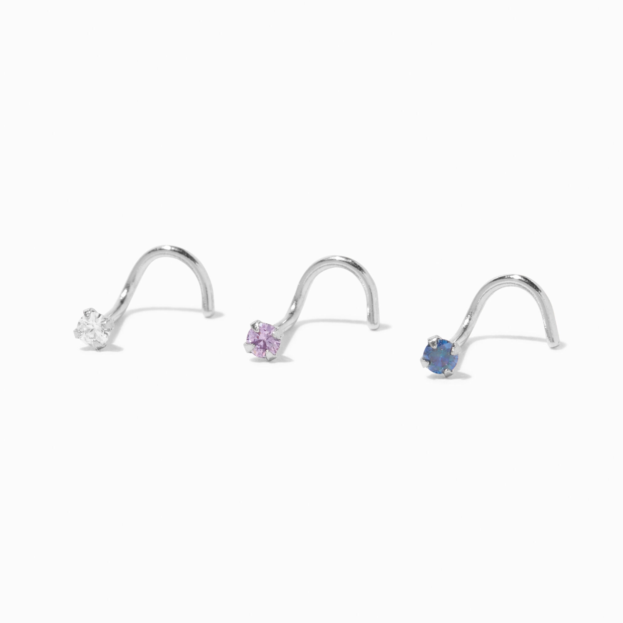 View Claires Tone 20G Cubic Zirconia Jewel Nose Studs 3 Pack Silver information